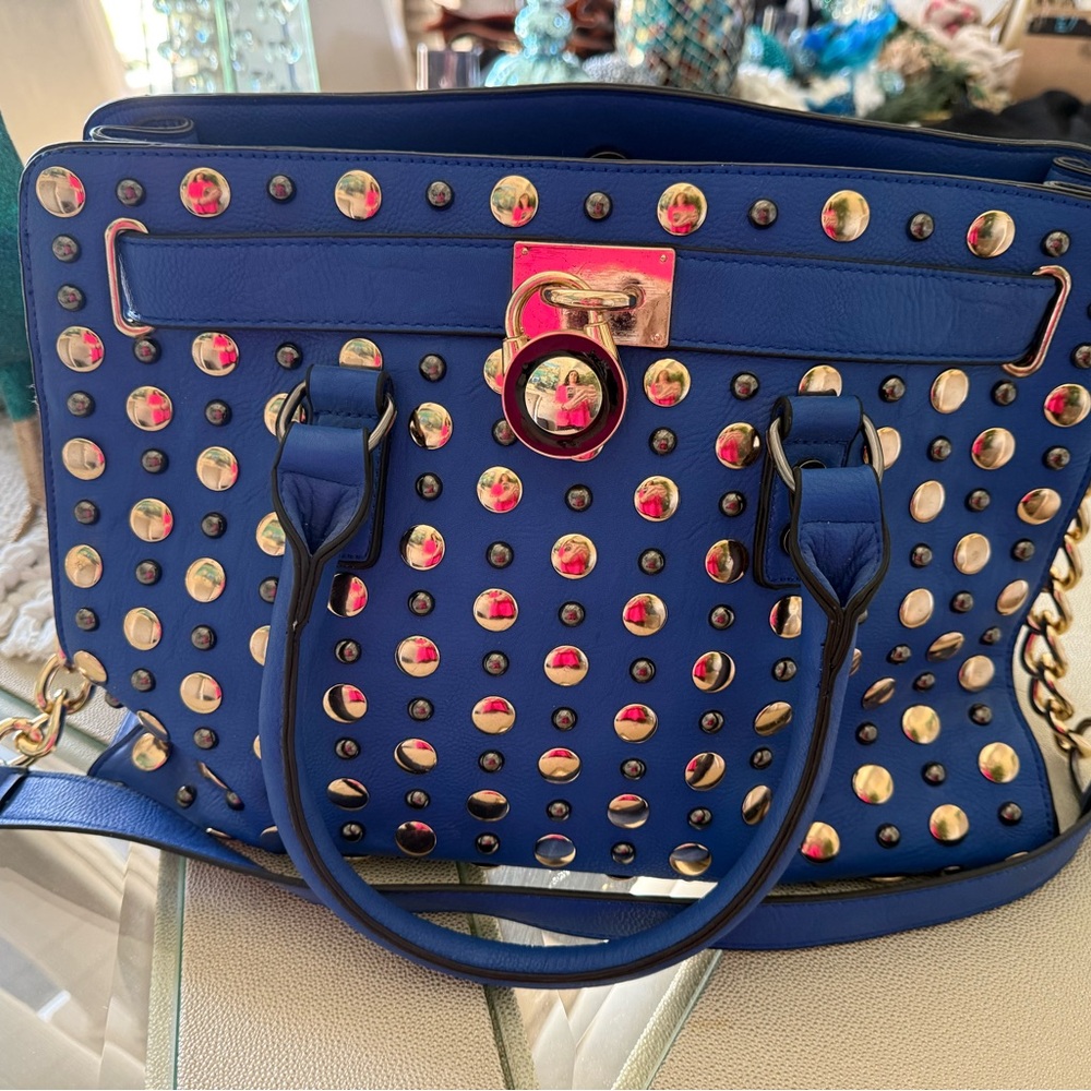 Cobalt blue studded handbag